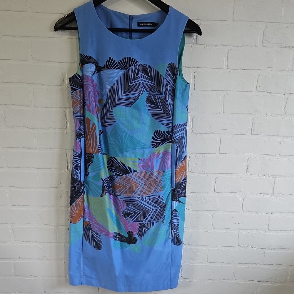 Marimekko Blue and Multi-Color Leaf Print Mini Dress